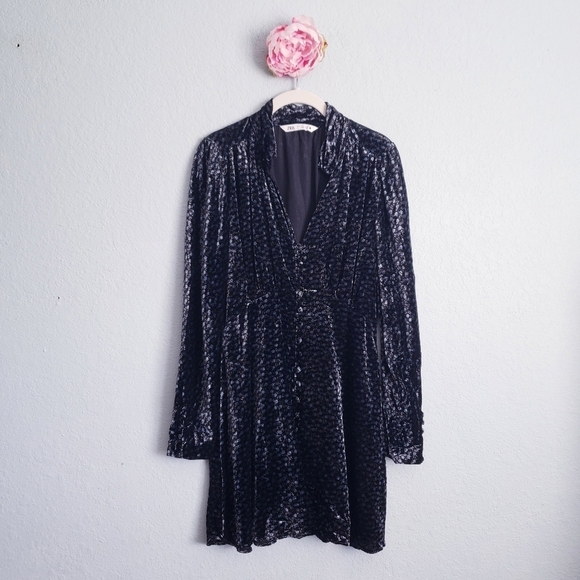 Zara Black and Blue Long Sleeve Velvet Mini Dress - Picture 2 of 8